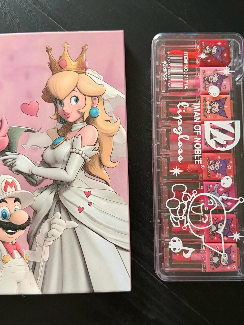 NWT-Mario & Princess Peach eye shadow palette and Kuromi lip gloss set